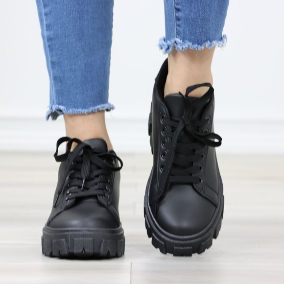 Black Chunky Lace-Up Lug Sole Oxford  Platform Women's Shoes - Picture 9 of 12